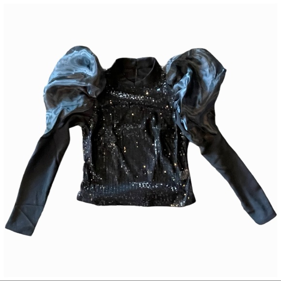 🎁 The Fotina Black Sequin Dramatic Tulle Sleeve Top - Picture 6 of 6